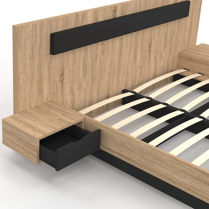 Letto matrimoniale 160x200 con testiera in legno e nero e comodini - SANTA | ID Market