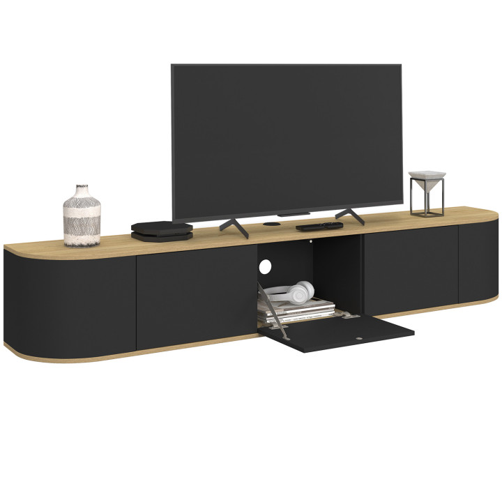 Mobile TV sospeso da 180 cm con 3 ante nere e legno - LEORA | IdMarket