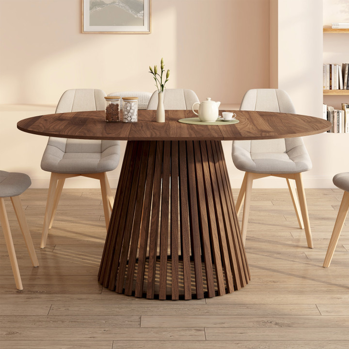 Tavolo da pranzo rotondo allungabile 4-8 persone con gambe a doghe in noce e piano in noce 110 - 150 cm