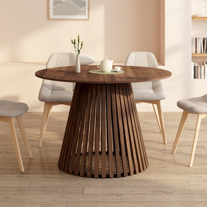 Tavolo da pranzo rotondo allungabile 4-8 persone con gambe a doghe in noce e piano in noce 110 - 150 cm