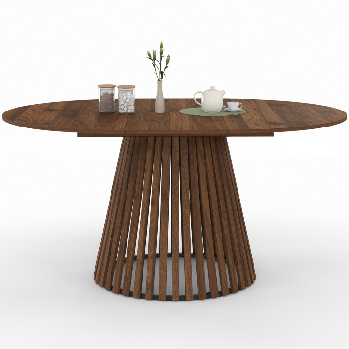 Tavolo da pranzo rotondo allungabile 4-8 persone con gambe a doghe in noce e piano in noce 110 - 150 cm