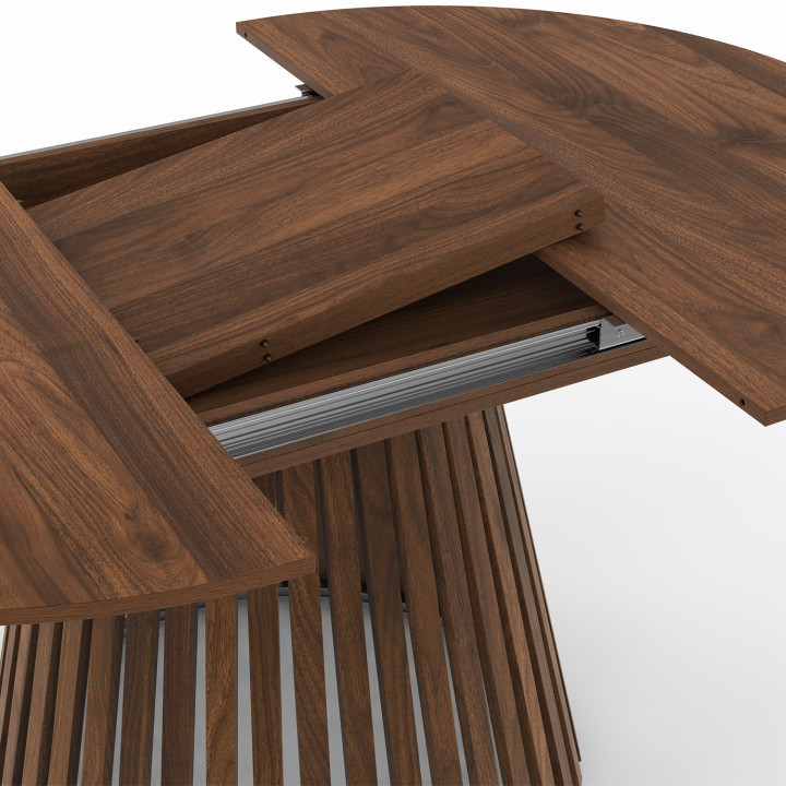 Tavolo da pranzo rotondo allungabile 4-8 persone con gambe a doghe in noce e piano in noce 110 - 150 cm