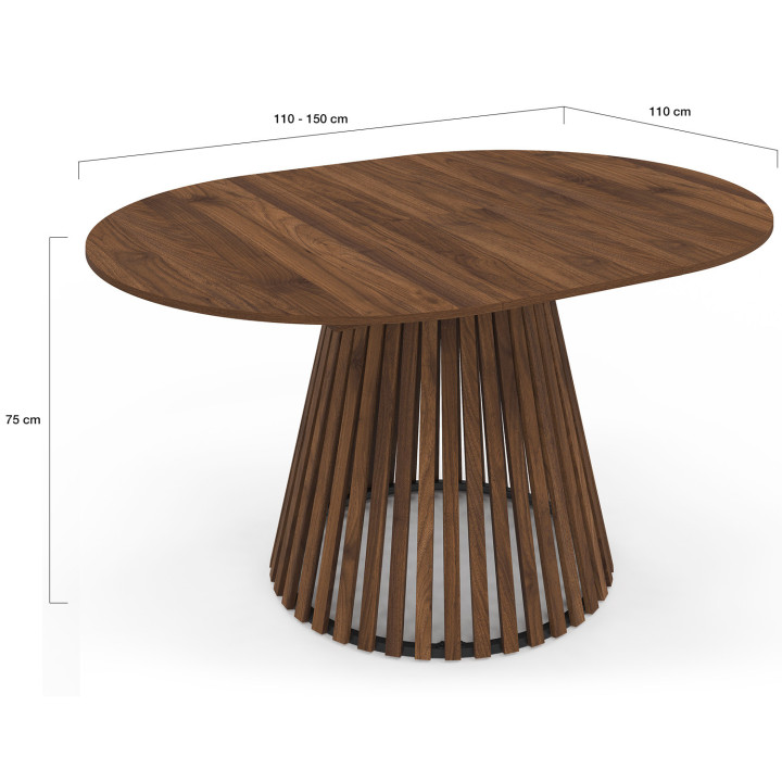 Tavolo da pranzo rotondo allungabile 4-8 persone con gambe a doghe in noce e piano in noce 110 - 150 cm