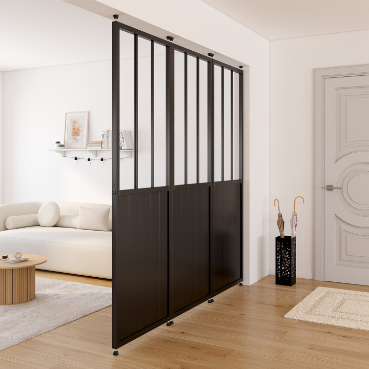 Divisorio da studio rimovibile 250 x 80 cm con effetto metallo nero e vetro temperato