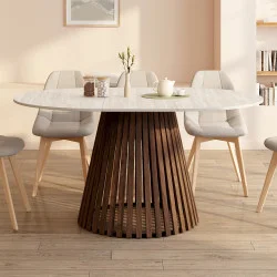 Tavolo da pranzo rotondo allungabile 4-8 persone con gambe a doghe in noce e piano effetto travertino 110 - 150 cm - CARMEN | Id