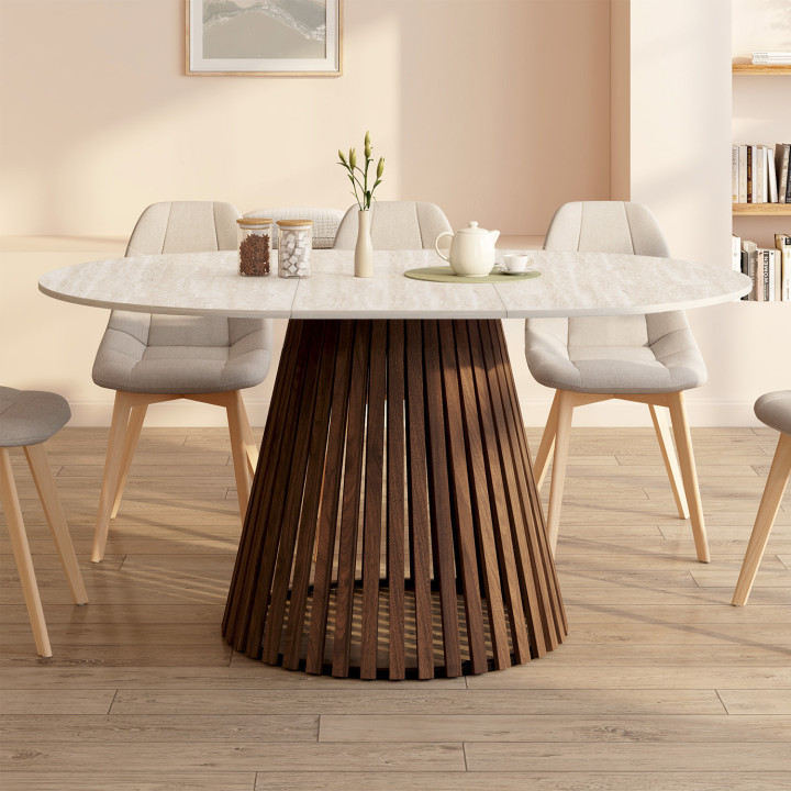Tavolo da pranzo rotondo allungabile 4-8 persone con gambe a doghe in noce e piano effetto travertino 110 - 150 cm - CARMEN | Id
