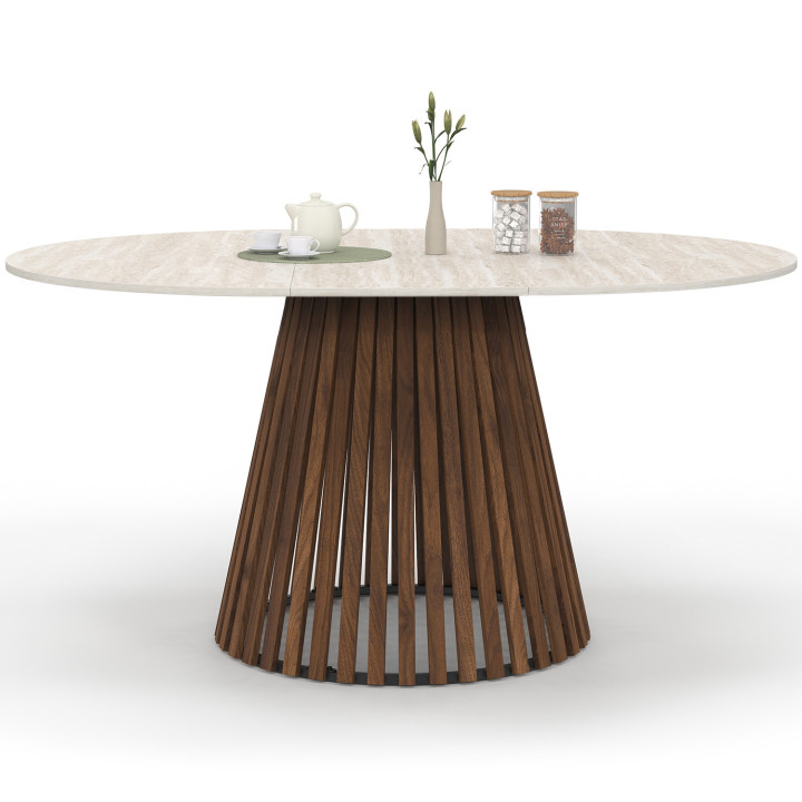 Tavolo da pranzo rotondo allungabile 4-8 persone con gambe a doghe in noce e piano effetto travertino 110 - 150 cm - CARMEN | Id