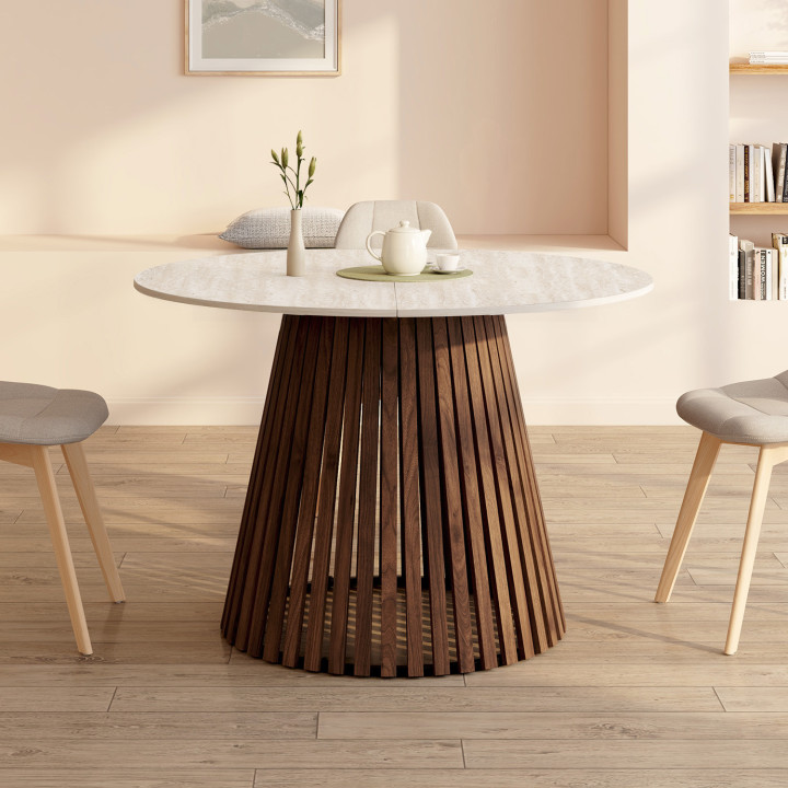 Tavolo da pranzo rotondo allungabile 4-8 persone con gambe a doghe in noce e piano effetto travertino 110 - 150 cm - CARMEN | Id