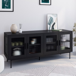 Credenza ZINEB 140 cm, 4 ante in vetro, frontale nero scanalato