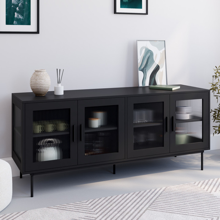 Credenza ZINEB 140 cm, 4 ante in vetro, frontale nero scanalato