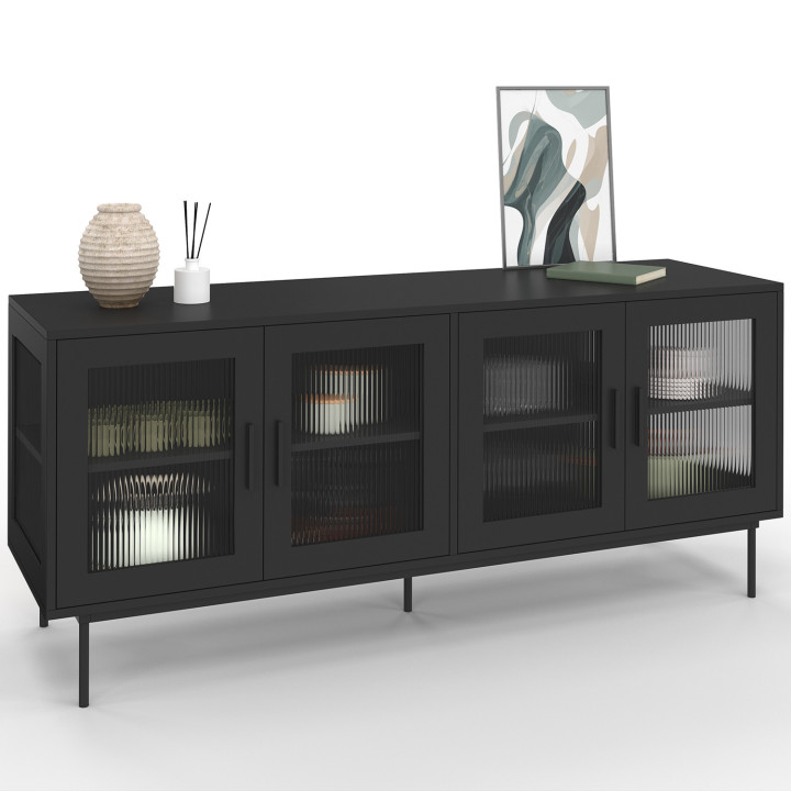 Credenza ZINEB 140 cm, 4 ante in vetro, frontale nero scanalato