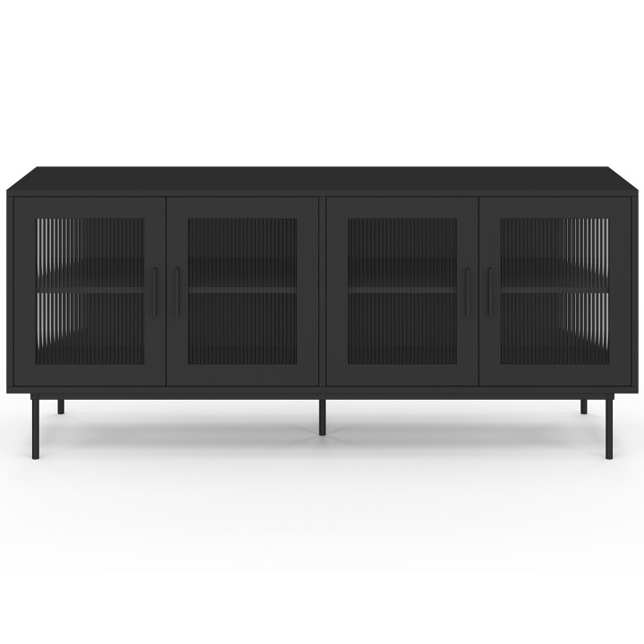 Credenza ZINEB 140 cm, 4 ante in vetro, frontale nero scanalato