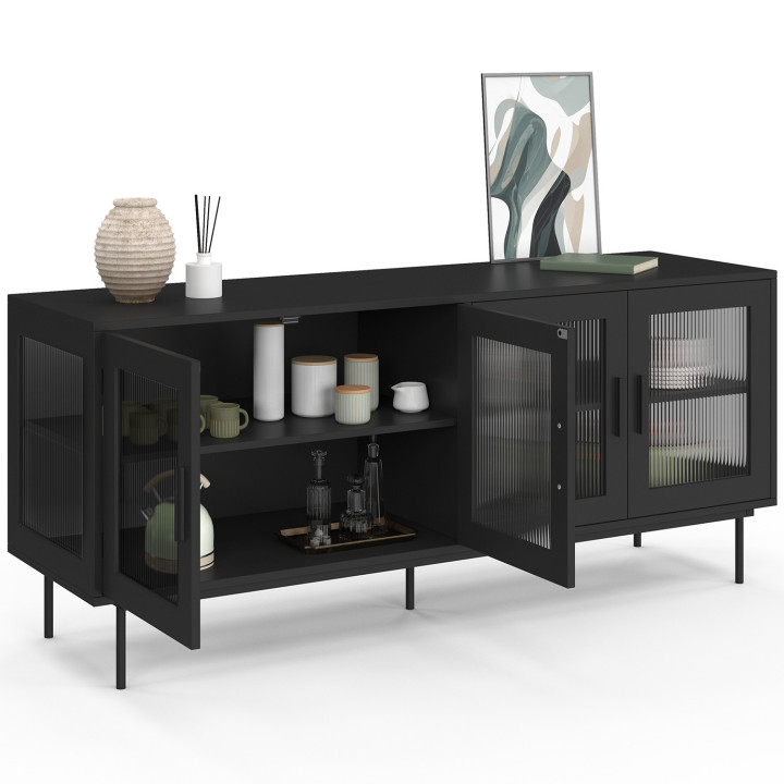 Credenza ZINEB 140 cm, 4 ante in vetro, frontale nero scanalato