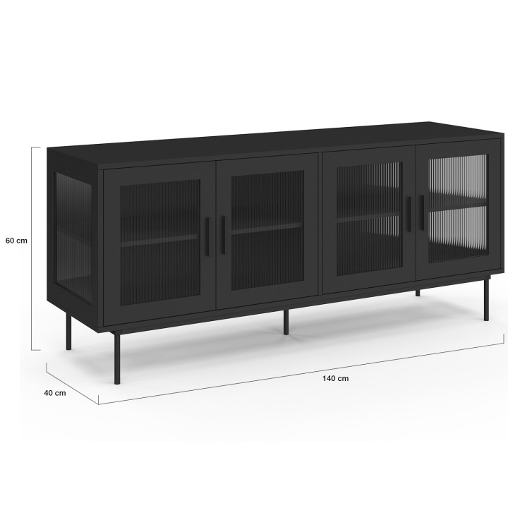 Credenza ZINEB 140 cm, 4 ante in vetro, frontale nero scanalato