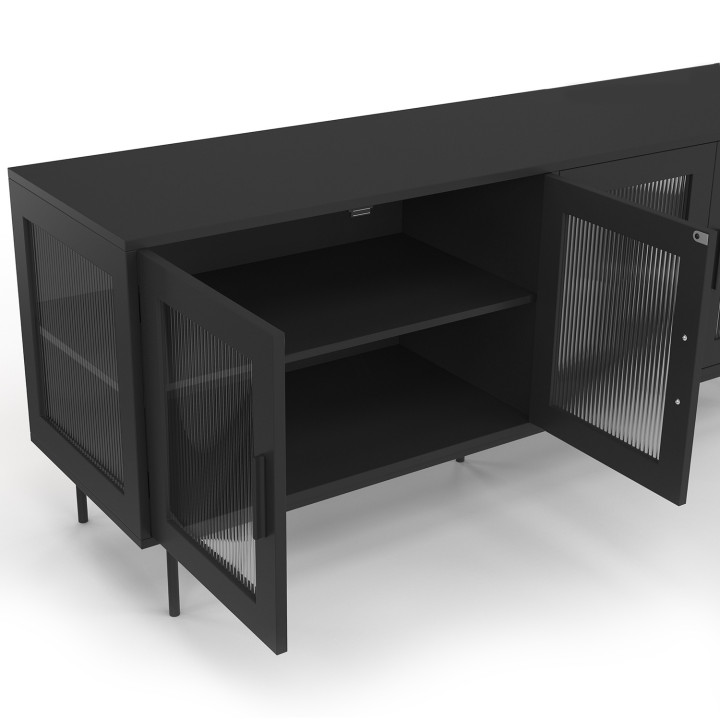 Credenza ZINEB 140 cm, 4 ante in vetro, frontale nero scanalato