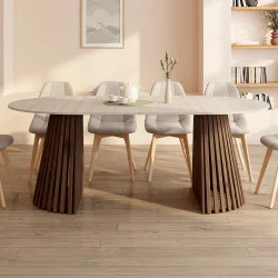 Tavolo da pranzo rotondo allungabile 4-10 persone con gambe a doghe in noce e piano effetto travertino 110-200 cm - CARMEN | IdM