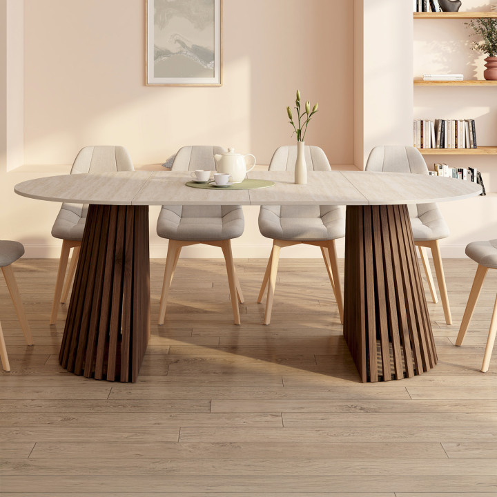Tavolo da pranzo rotondo allungabile 4-10 persone con gambe a doghe in noce e piano effetto travertino 110-200 cm - CARMEN | IdM