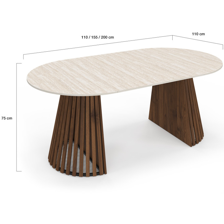 Tavolo da pranzo rotondo allungabile 4-10 persone con gambe a doghe in noce e piano effetto travertino 110-200 cm - CARMEN | IdM