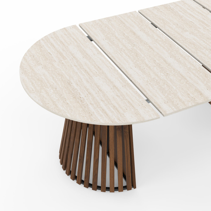 Tavolo da pranzo rotondo allungabile 4-10 persone con gambe a doghe in noce e piano effetto travertino 110-200 cm - CARMEN | IdM