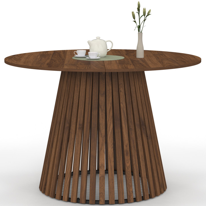 Tavolo da pranzo rotondo CARMEN per 6 persone con gambe a doghe in noce e piano in noce da 110 cm