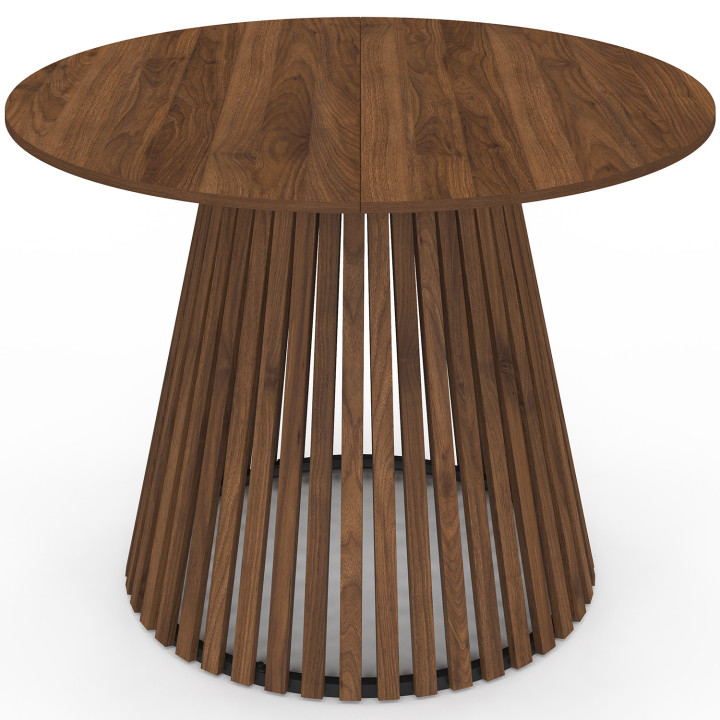 Tavolo da pranzo rotondo CARMEN per 6 persone con gambe a doghe in noce e piano in noce da 110 cm