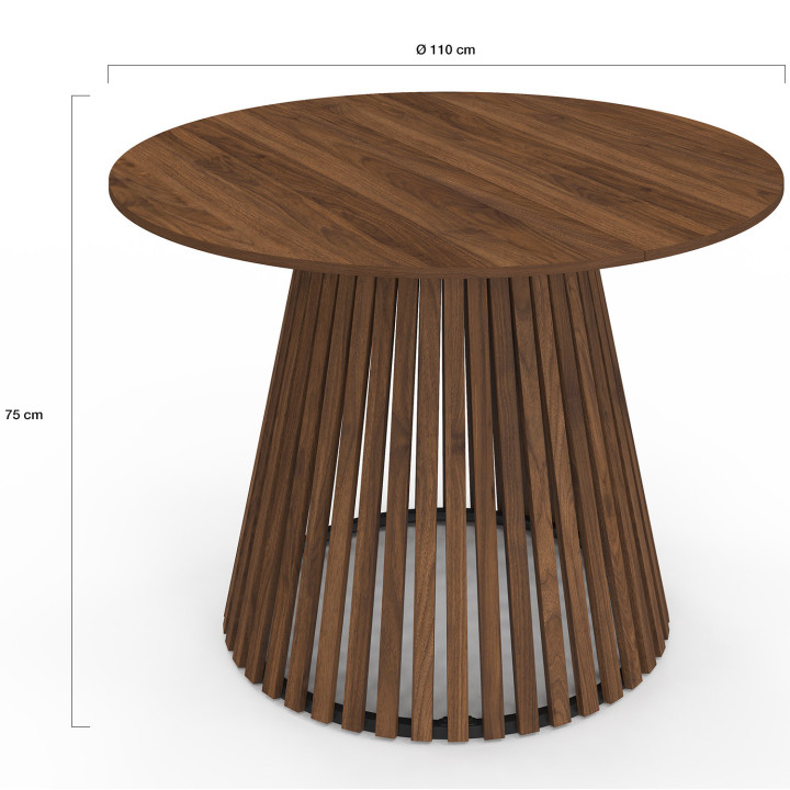 Tavolo da pranzo rotondo CARMEN per 6 persone con gambe a doghe in noce e piano in noce da 110 cm