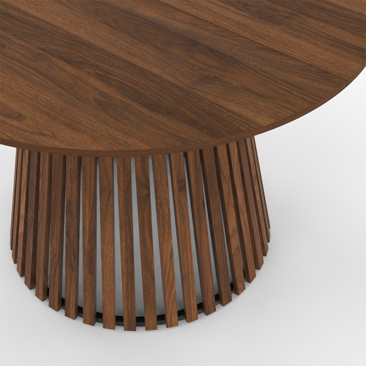 Tavolo da pranzo rotondo CARMEN per 6 persone con gambe a doghe in noce e piano in noce da 110 cm