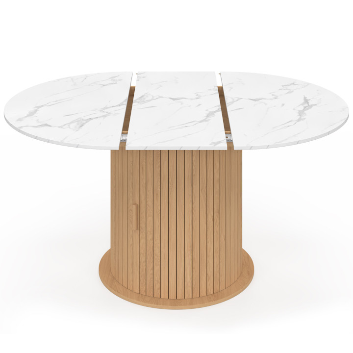 JULIETTE Tavolo da pranzo rotondo allungabile per 4-8 persone con gambe a doghe e piano effetto marmo bianco 110-150 cm