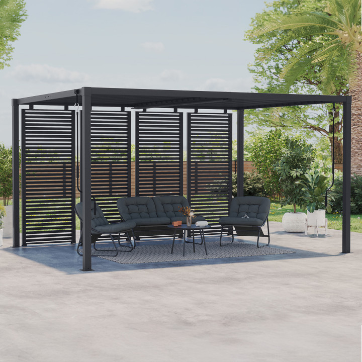 Pergola bioclimatica a lamelle orientabili in acciaio 3x4 M con lamelle orizzontali grigio antracite | IdMarket