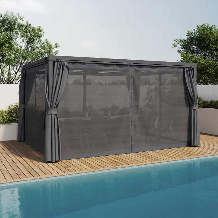 Pergola bioclimatica lames orientables acier 3x4 M rideaux et moustiquaire gris anthracite | IdMarket