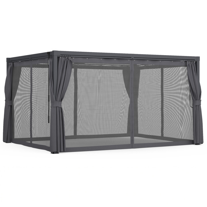 Pergola bioclimatica lames orientables acier 3x4 M rideaux et moustiquaire gris anthracite | IdMarket