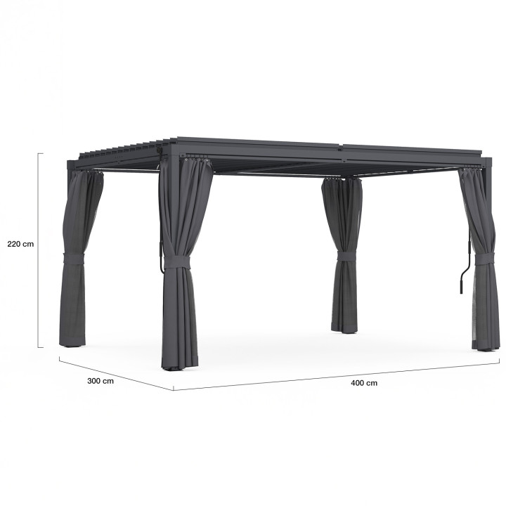Pergola bioclimatica lames orientables acier 3x4 M rideaux et moustiquaire gris anthracite | IdMarket