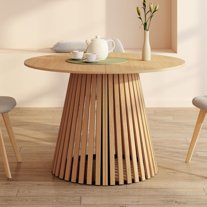 Tavolo da pranzo rotondo allungabile per 4-12 persone con gambe a doghe in legno e piano in legno da 110-300 cm - CARMEN | IdMar