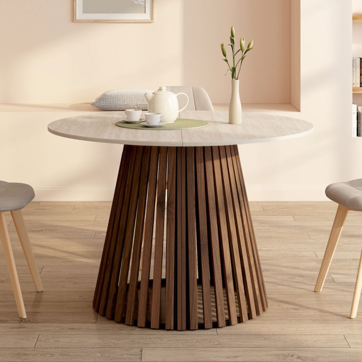 Tavolo da pranzo rotondo allungabile 4-10 persone con gambe a doghe in noce e piano effetto travertino 110-200 cm - CARMEN | IdM