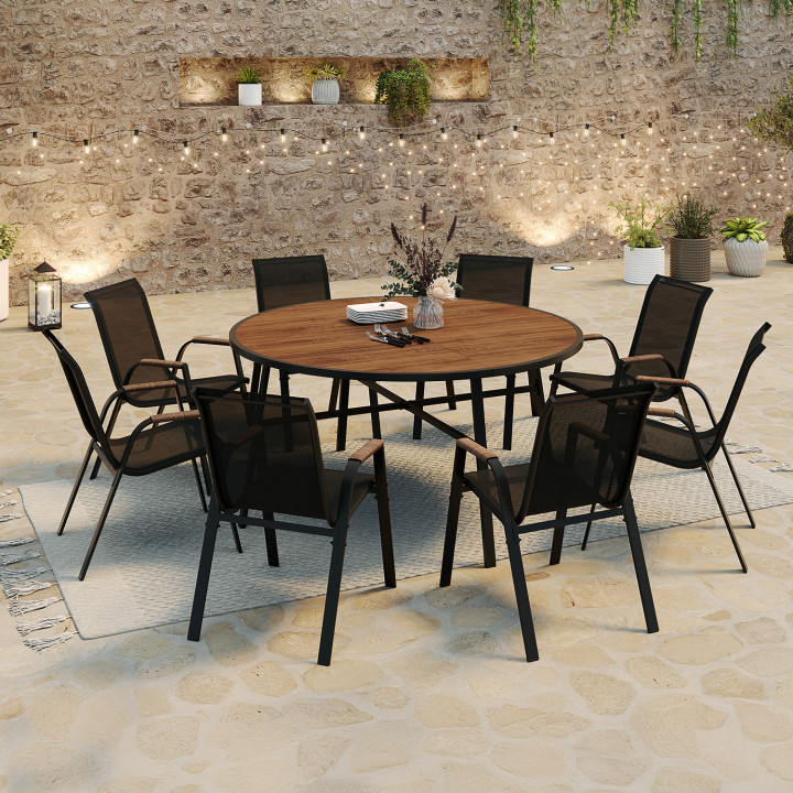 Set di mobili da giardino - Tavolo rotondo da 150 cm con piano in vetro temperato effetto legno e 8 sedie impilabili in legno e