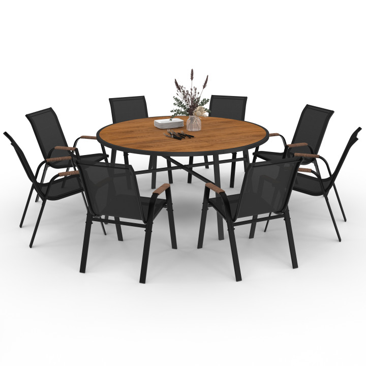 Set di mobili da giardino - Tavolo rotondo da 150 cm con piano in vetro temperato effetto legno e 8 sedie impilabili in legno e