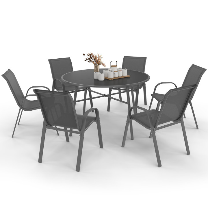 Set di mobili da giardino - Tavolo rotondo da 120 cm e 6 sedie impilabili grigio antracite