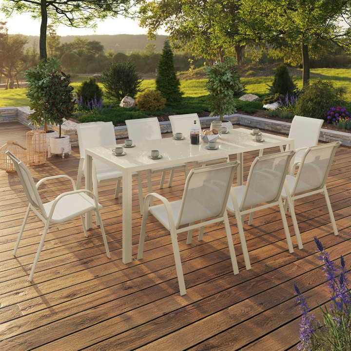 Set di mobili da giardino - tavolo da 190 cm e 8 sedie impilabili beige