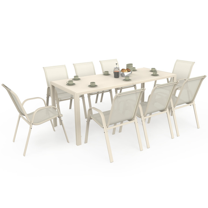 Set di mobili da giardino - tavolo da 190 cm e 8 sedie impilabili beige