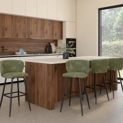 Set di 4 sgabelli da bar in ciniglia verde cachi con gambe in metallo nero