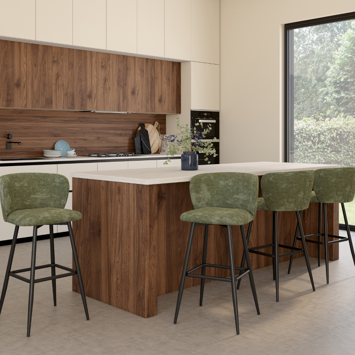 Set di 4 sgabelli da bar in ciniglia verde cachi con gambe in metallo nero - FANNY | IdMarket