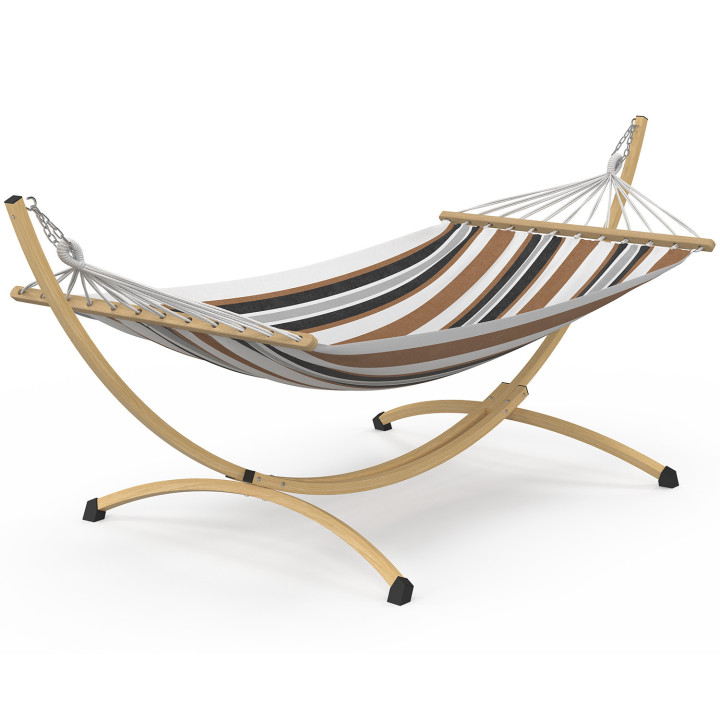 Amaca XL con supporto in metallo effetto legno e tessuto a righe nere, bianche e cioccolato | IdMarket