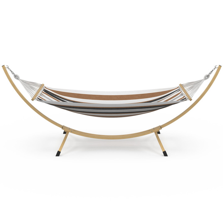 Amaca XL con supporto in metallo effetto legno e tessuto a righe nere, bianche e cioccolato | IdMarket