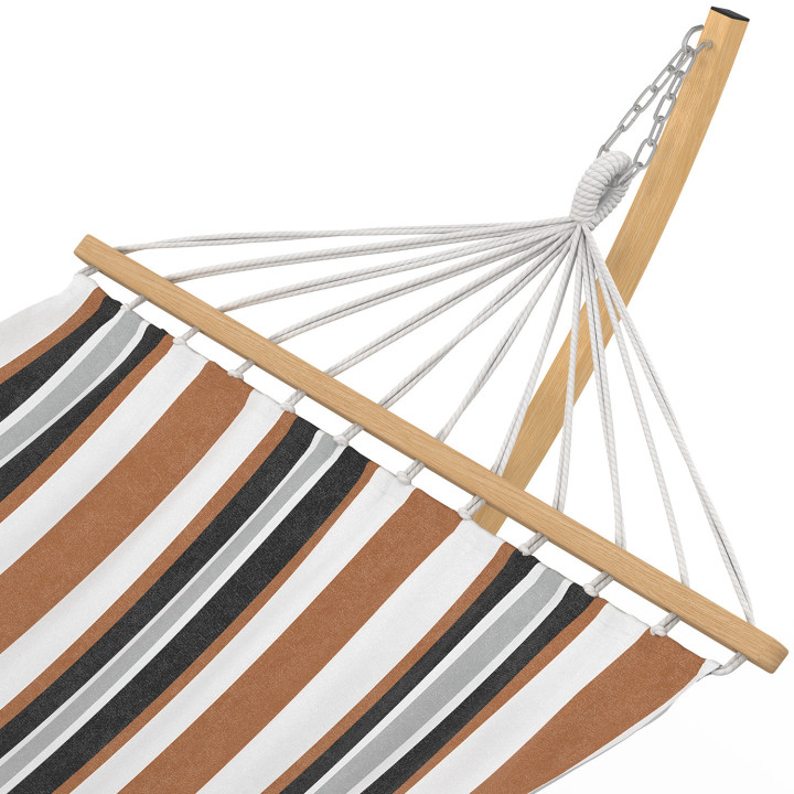 Amaca XL con supporto in metallo effetto legno e tessuto a righe nere, bianche e cioccolato | IdMarket