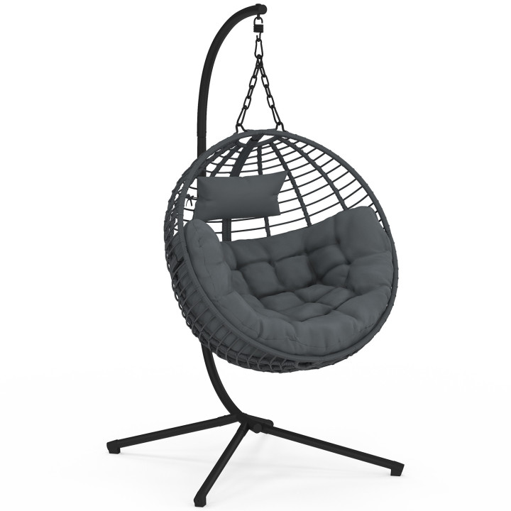 Poltrona rotonda traforata con effetto rattan grigio e cuscino grigio | IdMarket