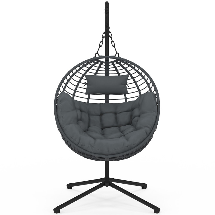 Poltrona rotonda traforata con effetto rattan grigio e cuscino grigio | IdMarket