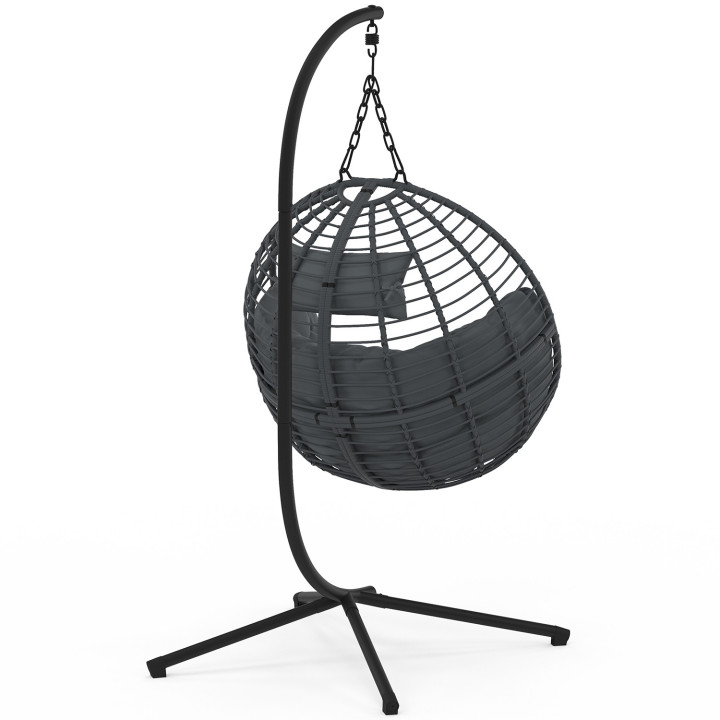 Poltrona rotonda traforata con effetto rattan grigio e cuscino grigio | IdMarket