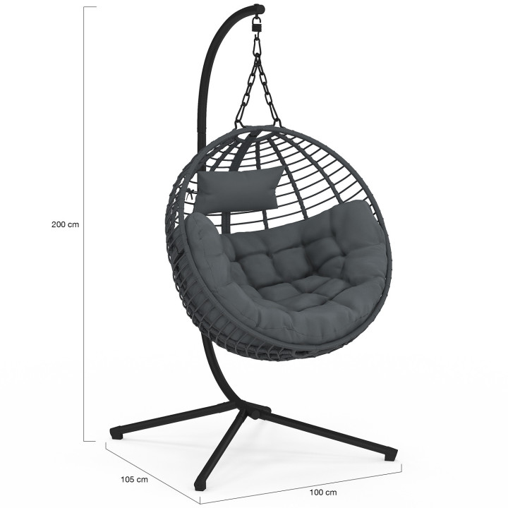 Poltrona rotonda traforata con effetto rattan grigio e cuscino grigio | IdMarket