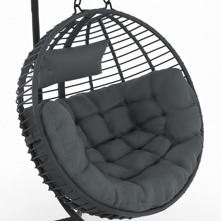 Poltrona rotonda traforata con effetto rattan grigio e cuscino grigio | IdMarket