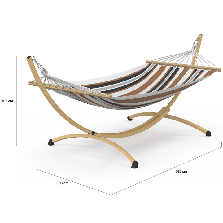 Amaca XL con supporto in metallo effetto legno e tessuto a righe nere, bianche e cioccolato | IdMarket